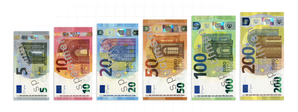 De zes coupures van de eurobankbiljetten worden verticaal naast elkaar afgebeeld. De bankbiljetten zijn gerangschikt in oplopende volgorde naar omvang en coupure, van het kleinste [€5] naar het grootste [€200] biljet.